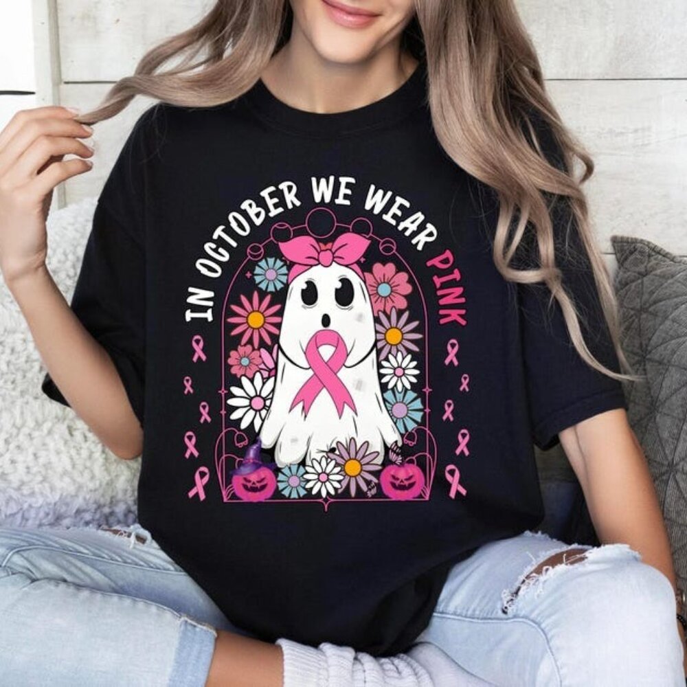 In October We Wear Pink Shirt, Breast Cancer Awareness T-shirt, Floral Ghost